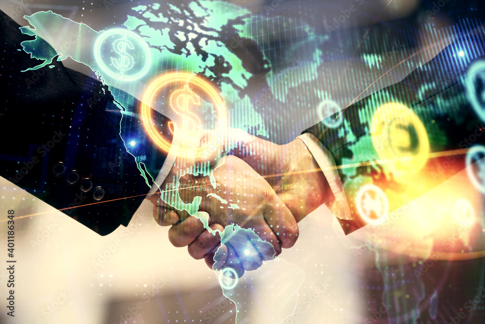 Double exposure of forex graph hologram and handshake of two men. Stock market concept. Double exposure of forex graph hologram and handshake of two men. Stock market concept.