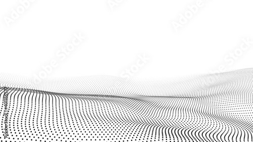 Abstract white wave with moving dots. Flow of particles. Vector cyber technology illustration.