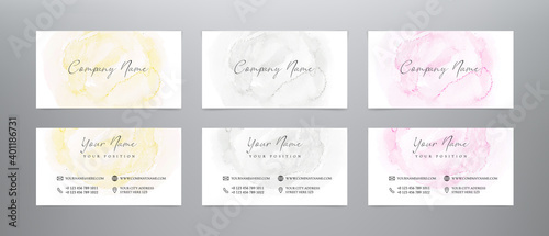 Fashion collection business cards. Set vector watercolor backgrounds in golden, pink and gray colors. Abstract business card template