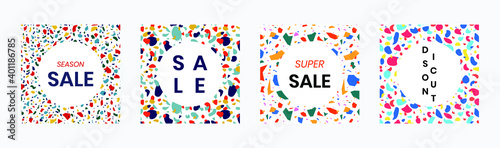 Promotion web banners, trendy terrazzo design. Season sale square banner template set, discount promo backgrounds layout. Modern vector illustration