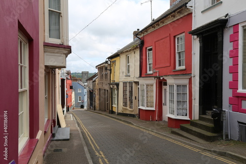 A narrow street of Victorian houses in Cardigan, Ceredigion, Wales, UK.  photo