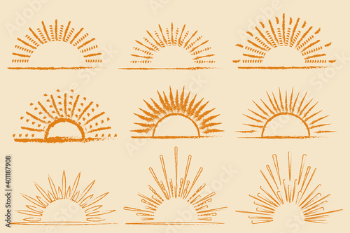 Set of sun icons illustration. Sunset and Sunrise icons. Vector illustrations. 日の出イラスト、夕陽イラスト、太陽アイコンイラスト