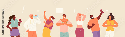 People healthy lifestyle concept. Good habits. Sport, proper nutrition, positive vector illustration
