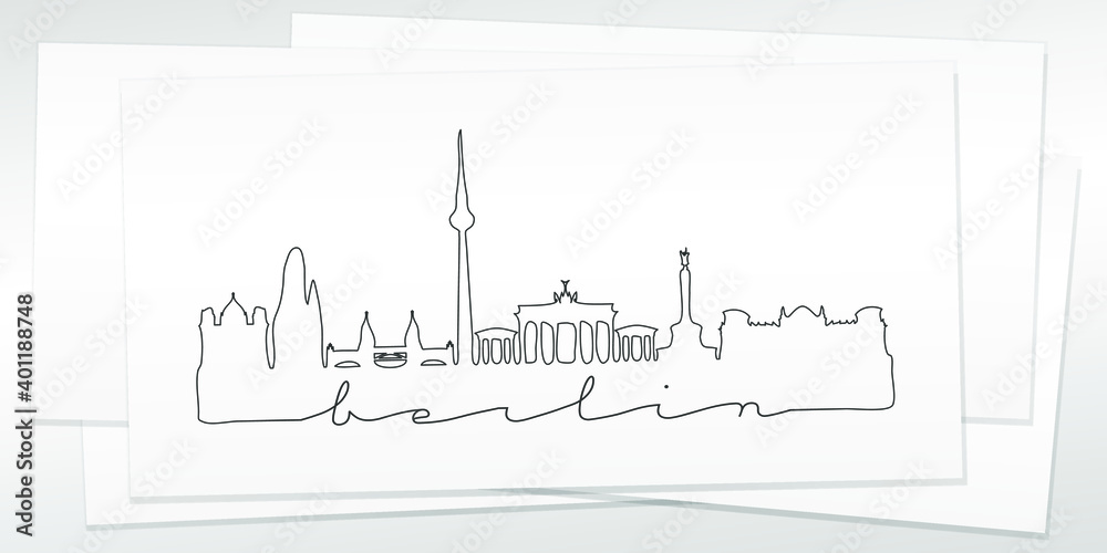 Naklejka premium Berlin, Germany Doodle Skyline Hand Drawn. City One Line Art Illustration Landmark. Minimalistic Sketch Pen Background.