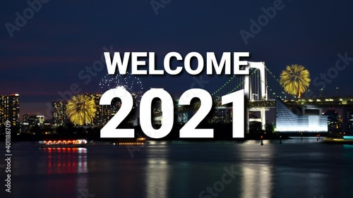 Welcome new year 2021 greetings with fireworks