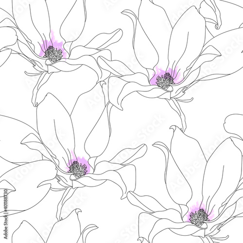 Seamless pattern with magnolia. Hand drawn floral background. Artwork for textiles, fabrics, souvenirs, packaging and greeting cards.