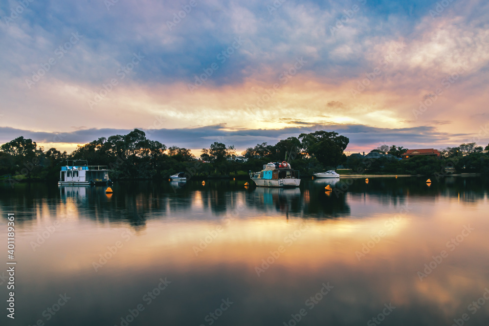 Spectacular Summertime Sunset at waterfront, Mirror Image Reflections, in Perth, Western Australia 