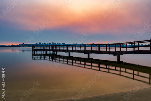 Beautiful Smoky Jetty Sunset, Mirror Image Reflections, at Shelley, Perth, Western Australia © Sue