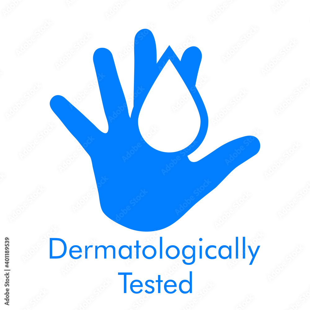 Fototapeta premium Logotipo con texto Dermatologically Tested con silueta de mano con gota en color azul