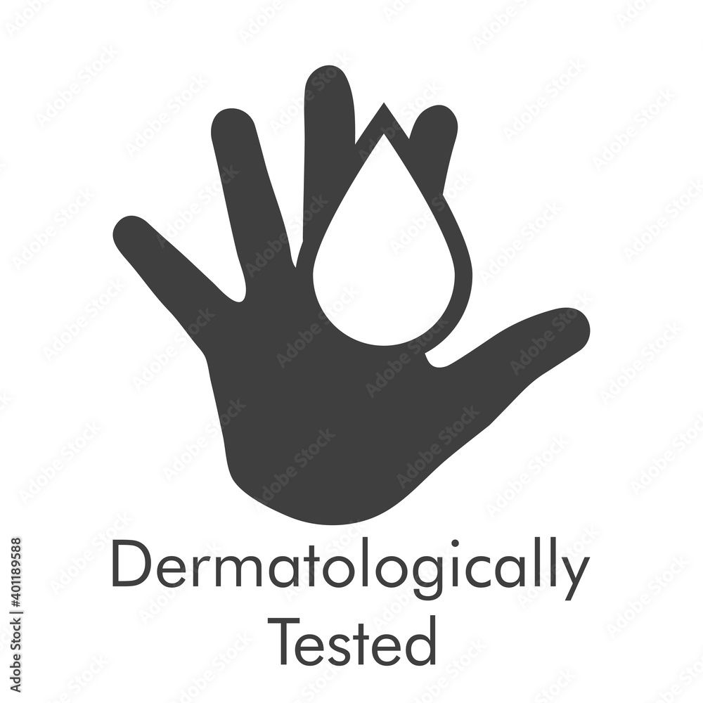 Fototapeta premium Logotipo con texto Dermatologically Tested con silueta de mano con gota en color gris