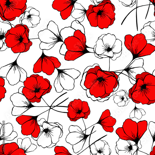 Seamless pattern with hand drawb red popppies and floral outlines on white background for Mother s day  Remembrance day  events and celebrations as well as for fabric  tixtile and typography.