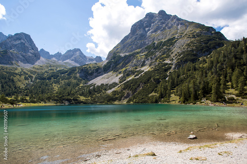Panorama of mountain lake Seebensee in Tirol, Austria