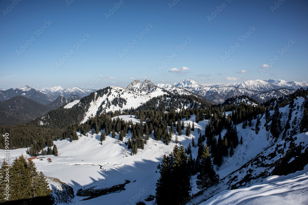 Mountain panorama at Seekarkreuz mountain in Bavaria, Germany, wintertime