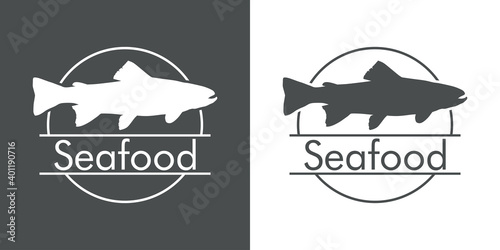 Logotipo con texto Seafood con silueta de trucha o salmón en círculo con lineas en fondo gris y fondo blanco
