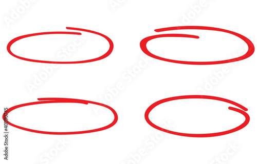 Red circle, pen draw set. Highlight hand drawn circle isolated on background. Handwritten red circle. For marker pen, pencil, logo and text check. Circle vector illustration