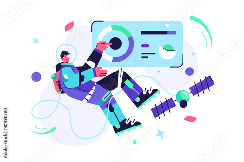 Astronaut guy flying in zero gravity in a spacesuit, virtual screen with control panel isolated on white background, flat vector illustration