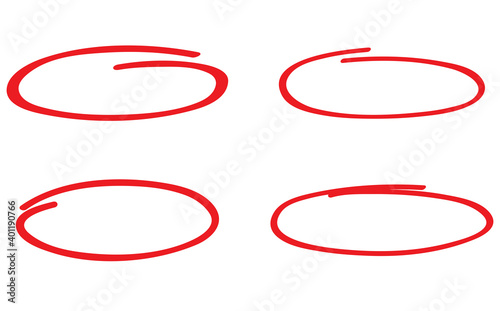 Red circle, pen draw set. Highlight hand drawn circle isolated on background. Handwritten red circle. For marker pen, pencil, logo and text check. Circle vector illustration