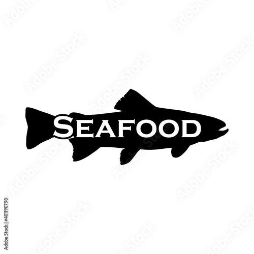 Logotipo con texto Seafood en silueta de trucha o salmón en color negro