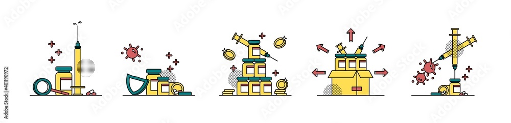 Illustration of vaccine development from research, production, to distribution Illustration of vaccine development from research, production, to distribution