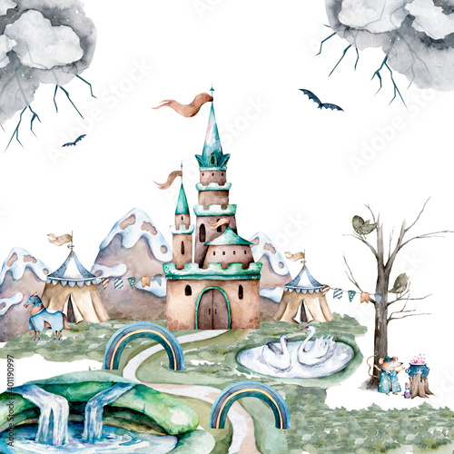 Castle with a high tower and flag. Around the castle forest and mountains. Hand drawn watercolor fairy illustration