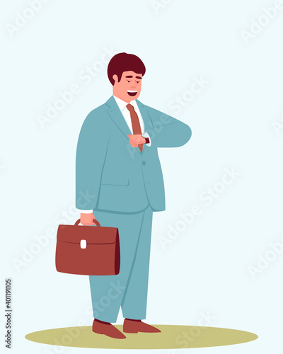 A plump man in a business suit with a briefcase looks at his wristwatch. A kind man of rounded shapes. The man is late for the meeting. Flat vector illustration.