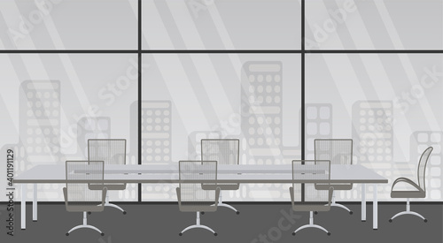 Meeting room in Bank or insurance company. Furniture for office in modern style. Long table and rolling mesh back managers chair for business meeting. Furnishings for negotiations.Vector