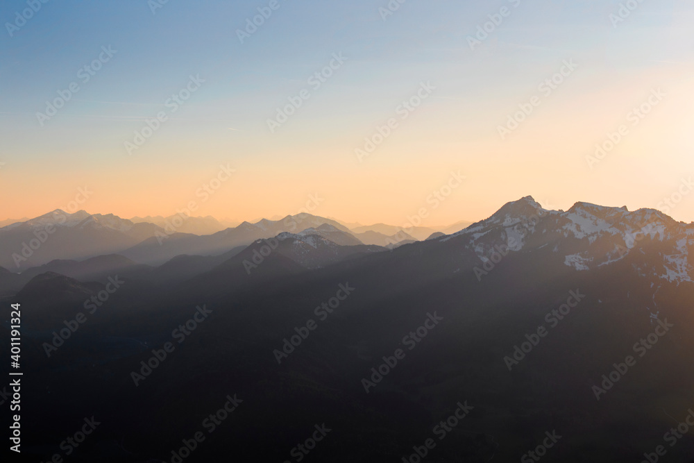 Sunset mountain panorama at Seekarkreuz mountain in Bavaria, Germany, springtime