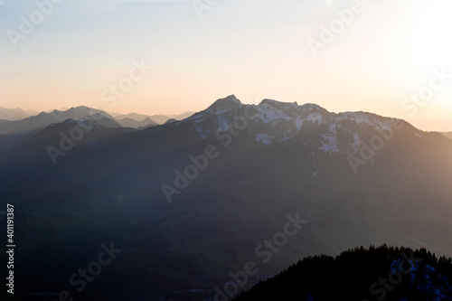 Sunset mountain panorama at Seekarkreuz mountain in Bavaria, Germany, springtime