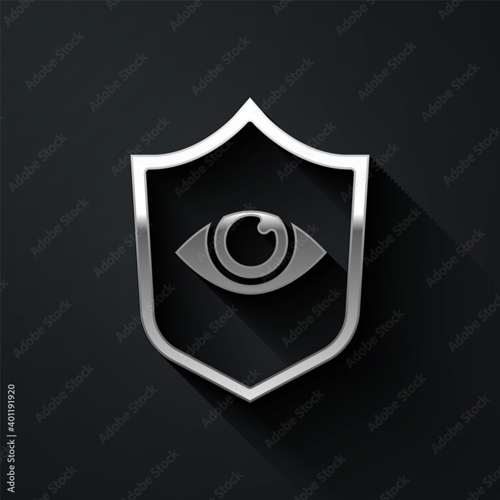 Silver Shield and eye icon isolated on black background. Security, safety, protection, privacy concept. Long shadow style. Vector. Silver Shield and eye icon isolated on black background. Security, safety, protection, privacy concept. Long shadow style. Vector.