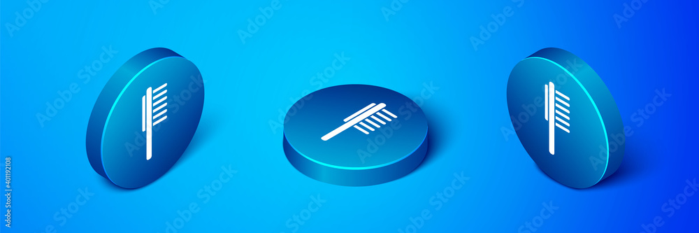 Isometric Pets vial medical icon isolated on blue background. Prescription medicine for animal. Blue circle button. Vector.