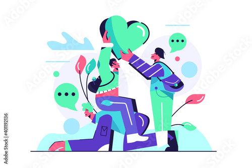 Group of friends holding big green heart, girl sitting on a man, guy with bag isolated on white background, flat vector illustration