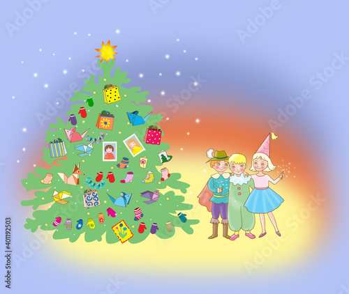 christmas tree and children in carnival costumes