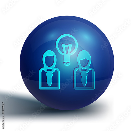 Blue People with lamp bulb icon isolated on white background. Concept of idea. Blue circle button. Vector.