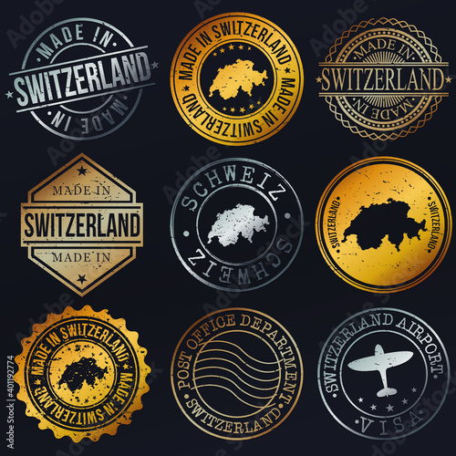 Switzerland Map Metal Stamps. Gold Made In Product Seal. National Logo Icon. Symbol Design Insignia Country.