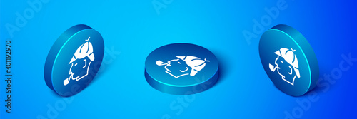 Isometric Sherlock Holmes with smoking pipe icon isolated on blue background. Detective. Blue circle button. Vector.