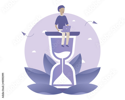 Man sit with laptop on sandwatch. Vector illustration with Web communication idea for telework, remote working, social media, business 
