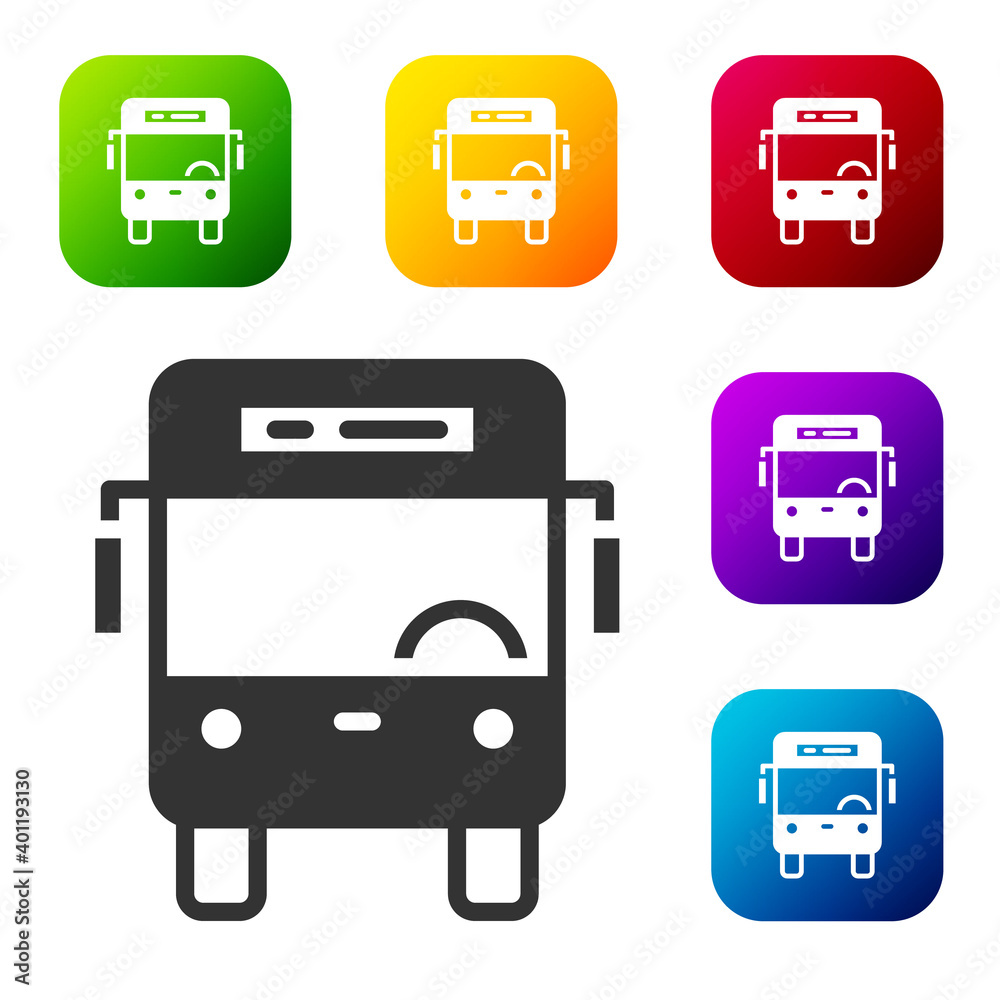 Black Bus icon isolated on white background. Transportation concept. Bus tour transport sign. Tourism or public vehicle symbol. Set icons in color square buttons. Vector. Black Bus icon isolated on white background. Transportation concept. Bus tour transport sign. Tourism or public vehicle symbol. Set icons in color square buttons. Vector.