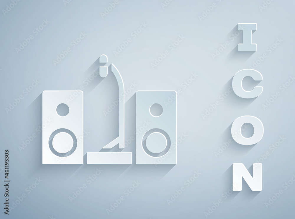 Paper cut Home stereo with two speaker s icon isolated on grey background. Music system. Paper art style. Vector. Paper cut Home stereo with two speaker s icon isolated on grey background. Music system. Paper art style. Vector.