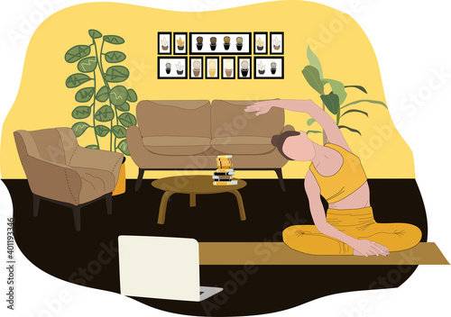 Woman training at home. Online lessons of yoga. Yellow and brown interior. Flat vector