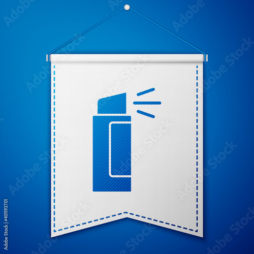 Blue Pepper spray icon isolated on blue background. OC gas. Capsicum self defense aerosol. White pennant template. Vector.