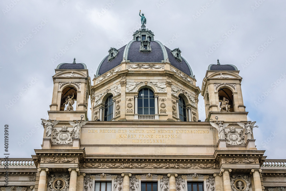 Architectural details of famous Museum of Natural History (Naturhistorisches Museum, 1889) in Vienna, Austria. Museum earliest collections of artifacts begun over 250 years ago.