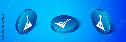Isometric Musical instrument balalaika icon isolated on blue background. Blue circle button. Vector.