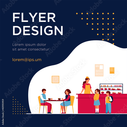 Lunch in school cafeteria concept. Teen boys and girls eating in school canteen or cafe, standing at counter for buying food. For catering, buffet, school break, facilities topics