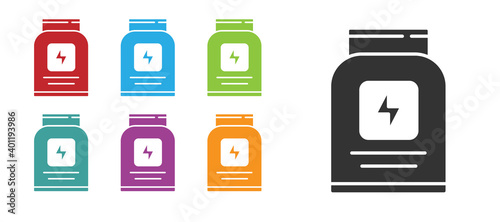 Black Sports nutrition bodybuilding proteine power drink and food icon isolated on white background. Set icons colorful. Vector.