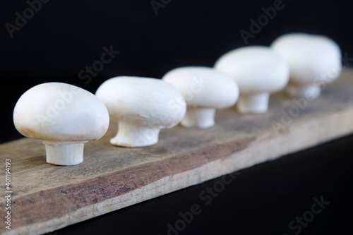 Fresh mushrooms on wooden cutboard against black background photo