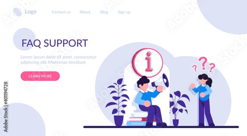 Online assistant, user help, frequently asked questions. Website FAQ section. Call center worker cartoon character. Problem solution, quiz game. Modern flat illustration.