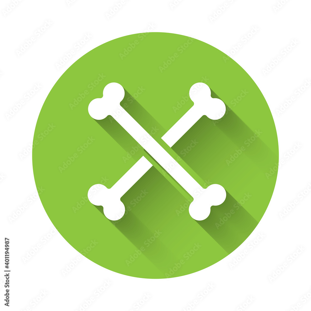 White Crossed human bones icon isolated with long shadow. Green circle button. Vector. White Crossed human bones icon isolated with long shadow. Green circle button. Vector.