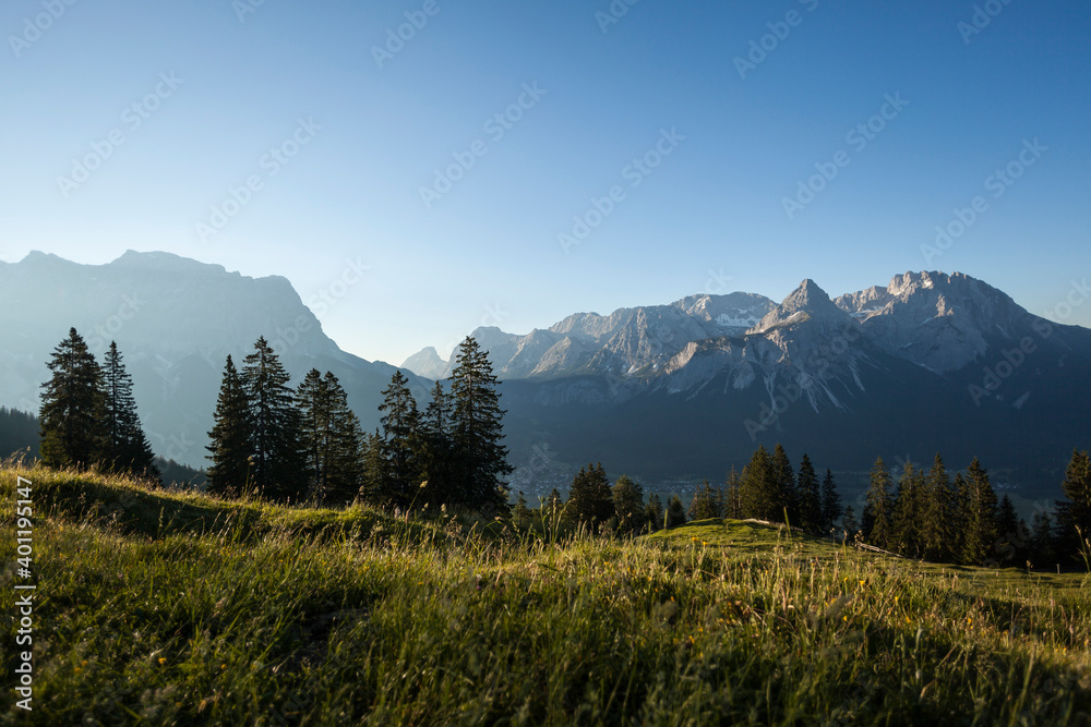 Mountain view Zugspitze and Ehrwalder Sonnenspitz mountains, Tyrol, Austria