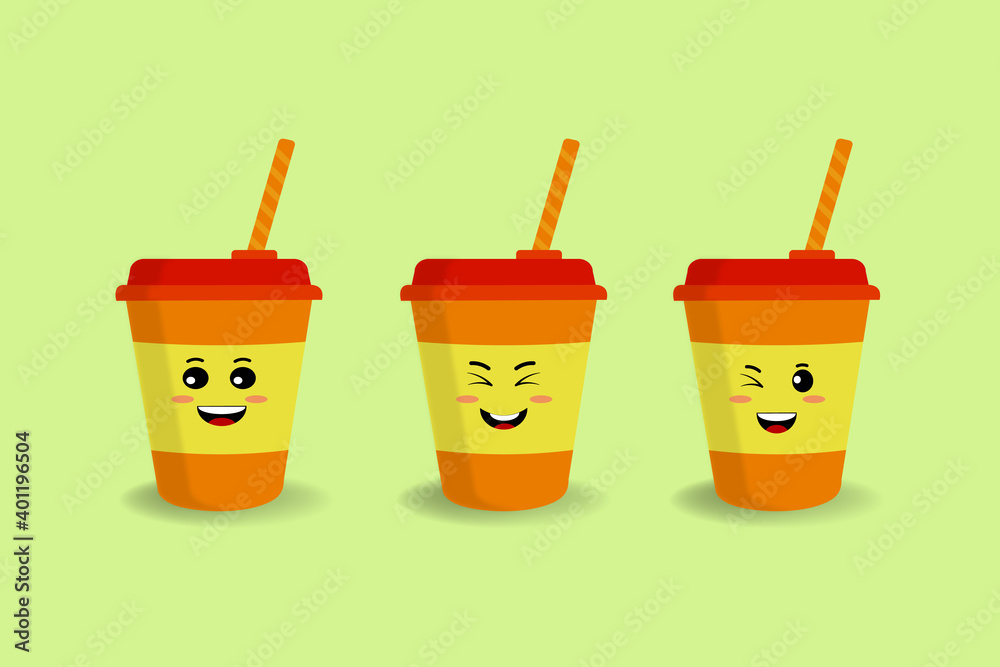 Drink cup with straw cute kawaii cartoon, Stock vector