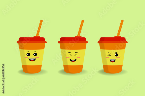 Cute emoji coffee or tea cup with cap and straw icon set, front view, isolated on yellow background disposable craft brown paper, flat cartoon  style vector drink character illustration. 
